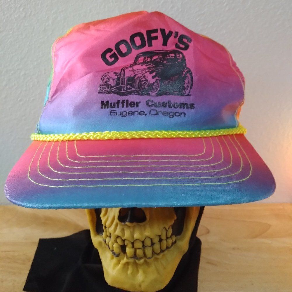 Vintage Goofy's Muffler Customs Neon Rainbow Rope Slider Back Hat